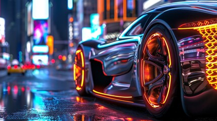 Sport futuristic car at night neon city street. speed racing concept - obrazy, fototapety, plakaty