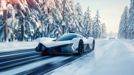 futuristic modern sport electro car drive to forest road on winter - obrazy, fototapety, plakaty
