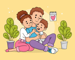 Happy cute family. Beautiful sitting light-skinned brunette woman and man with smiling child son. Vector illustration. Colored hand drawn doodle style.