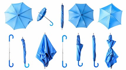 A set depicting the step-by-step process of opening a blue umbrella, isolated against a white background for clear visualization - obrazy, fototapety, plakaty