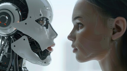 Human and android face-to-face. - obrazy, fototapety, plakaty