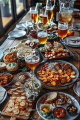 Table with beer and snacks for a large group. Lots of different food for meeting friends in a pub or beer bar