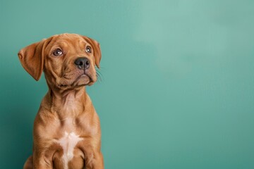Crossbreed puppy sitting on green background - obrazy, fototapety, plakaty