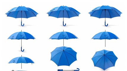 A set depicting the step-by-step process of opening a blue umbrella, isolated against a white background for clear visualization - obrazy, fototapety, plakaty