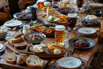 Table with beer and snacks for a large group. Lots of different food for meeting friends in a pub or beer bar