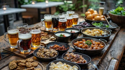 Obraz premium Table with beer and snacks for a large group. Lots of different food for meeting friends in a pub or beer bar