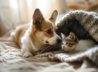 Cute corgi sniffs kitten under blanket on bed at home Text space available