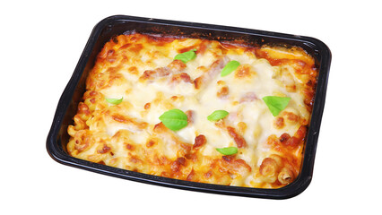 Lasagna in a black plastic container isolated on a white background.