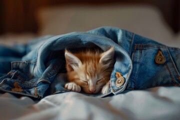 Cute kitten napping in blue jeans on bed - Powered by Adobe