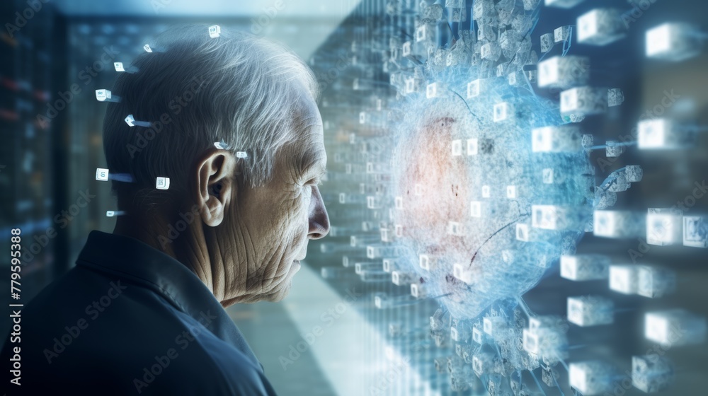Poster  AI analyzes data to find ways to prevent Alzheimer's disease. Anxious atmosphere The results help researchers develop vaccines or preventative medicines. 