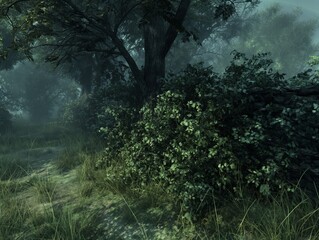 A forest scene with a tree in the foreground and a thicket of green bushes in the background. Scene is dark and mysterious, with the shadows of the trees and bushes creating an eerie atmosphere