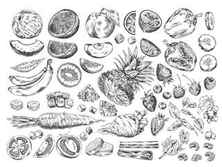 Enjoy the combination of fruits and vegetables drawn in a vector on a white background