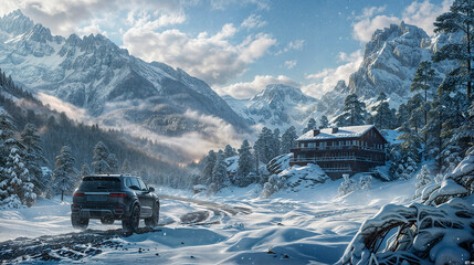 Winter Wonderland Retreat: Luxury SUV in a Majestic Mountain Setting - AI-generated digital art - obrazy, fototapety, plakaty