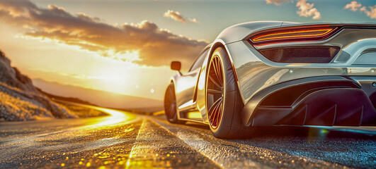 Golden Hour Glide - Luxury Sports Car in Motion - AI generated digital art
