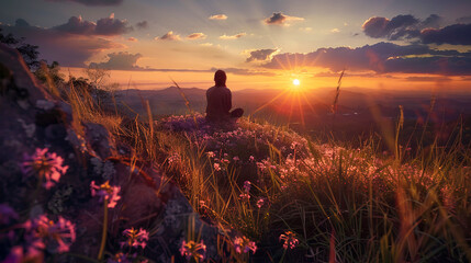 Serene Meditation on a Mountain at Sunset - AI generated digital art