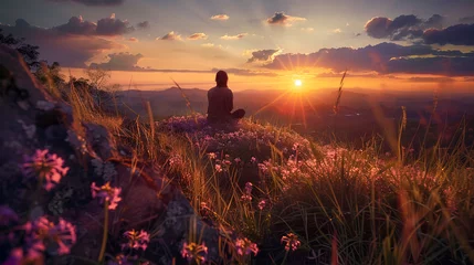 Photo sur Plexiglas Bordeaux Serene Meditation on a Mountain at Sunset - AI generated digital art