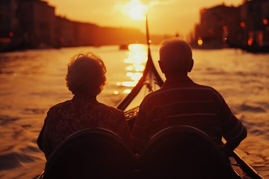 AI-generated illustration of an elderly couple in a gondola, sightseeing in Venice at golden hour