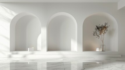 Classic arched interior wall panels in a hallway with marble flooring.