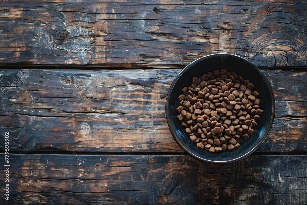 Poster dehydrated pet food in bowl on aged wooden table overhead shot