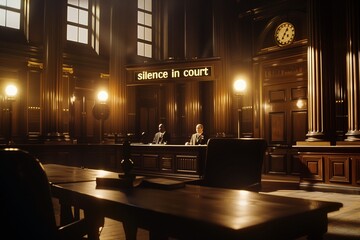 AI-generated illustration of a dimly lit courtroom with brown walls and a sign: silence in court