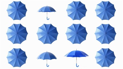 A set depicting the step-by-step process of opening a blue umbrella, isolated against a white background for clear visualization