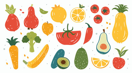 Fresh fruits and vegetables Flat vector isolated on white