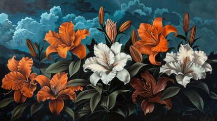 Vibrant oil painting of white and orange lilies on a dark background.