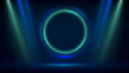 Bue green spotlight backdrop. Stage, green blue circular lighting background. Light fluorescent ring on dark backdrop. Spotlights, Round frame. Glowing circle. Background displaying products. Vector
