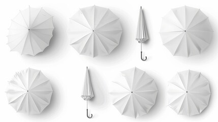 A vector set of 3D realistic renderings of white blank umbrellas, both opened and closed, presented in top and front views for mock-ups, branding, or advertising needs, isolated on a white background - obrazy, fototapety, plakaty