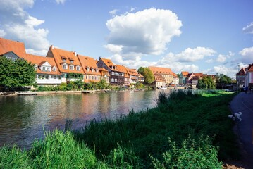 Fototapeta na wymiar Beautiful landscape of river Regnitz in the ancient Bamberg City, Bavaria