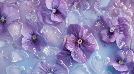 Purple flowers floating in water with ice. Macro shot with focus on floral details