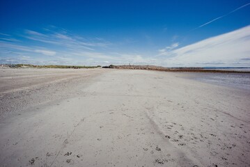 High-angle view of rocky Galway Ireland Salthill beach.
