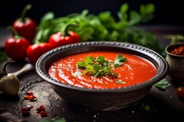 Tempting gazpacho on a rustic plate against a galvanized steel background