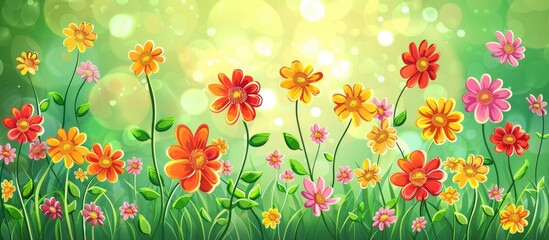A beautiful variety of colorful flowers, including blanket flowers, are blooming in the lush green grass, creating a vibrant natural landscape reminiscent of a work of art - obrazy, fototapety, plakaty