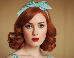 Portrait of a red-haired woman with a blue bow.