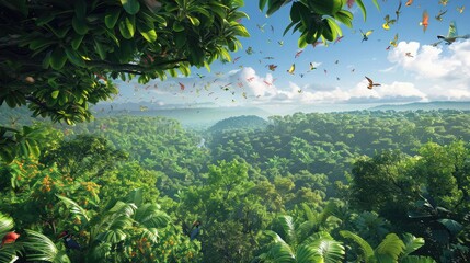Fototapeta na wymiar green trees background with flying birds 