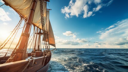  An ancient sailboat sails across the bright blue sky. 