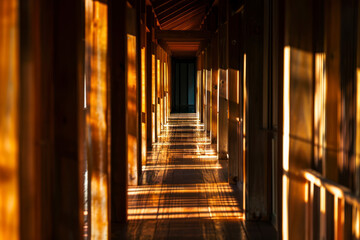 Fototapeta premium Light entering the dark corridor. Wooden construction.