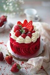 Red velvet cake with cream and strawberries on a plate.