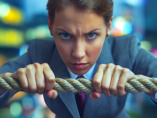 A woman in a suit is holding onto a rope, looking angry and determined. Concept of strength and resilience, as the woman is not giving up despite the challenge she is facing - obrazy, fototapety, plakaty