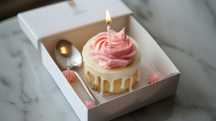 Birthday cake with pink and white icing and lit candle in a box. - Powered by Adobe