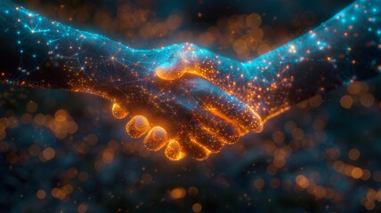 Two digital glowing hands, handshake. Technology, business, trust concept, blue and dark colors. Digital handshake. - obrazy, fototapety, plakaty