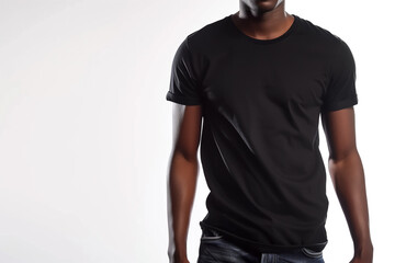 closeup of a black man wearing dark shirt on white background, t-shirt mockup