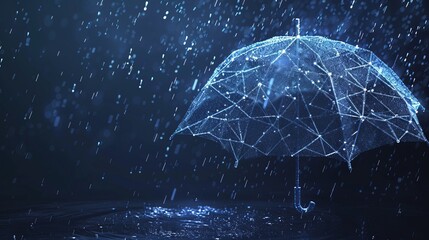 An abstract wire low poly umbrella is depicted providing protection against rain, set against a dark blue background with falling water drops, emphasizing meteorology, safety, and seasonal concepts - obrazy, fototapety, plakaty