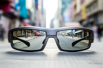 AR glasses show walking directions in Seoul Modern atmosphere, convenient, easy to find information. 