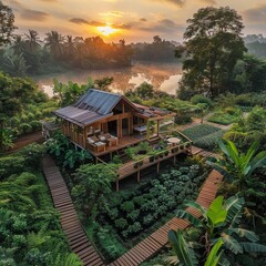 Fototapeta na wymiar Sunset view of a rustic wooden cabin over river. A serene sunset scene with a rustic cabin surrounded by lush greenery, overlooking a tranquil river