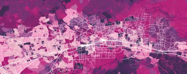 Magenta and white pattern with a Magenta background map lines sigths and pattern with topography sights in a city backdrop