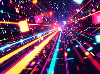 A retro abstract film texture background inspired by 80s arcade games, featuring pixel art elements and neon hues.


