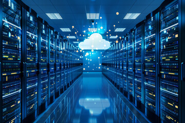 Cloud Technology. A visual representation of cloud computing inside a data center with servers and glowing network connections..