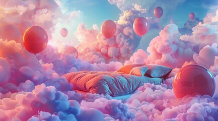Comfortable serene bedroom floating in sky. An inviting bed floats among whimsical clouds and balloons against a sky backdrop, perfect for themes of relaxation and dreams - obrazy, fototapety, plakaty